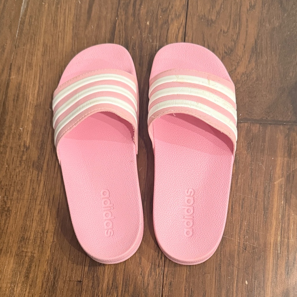 Adidas Pink Slides with White Stripes